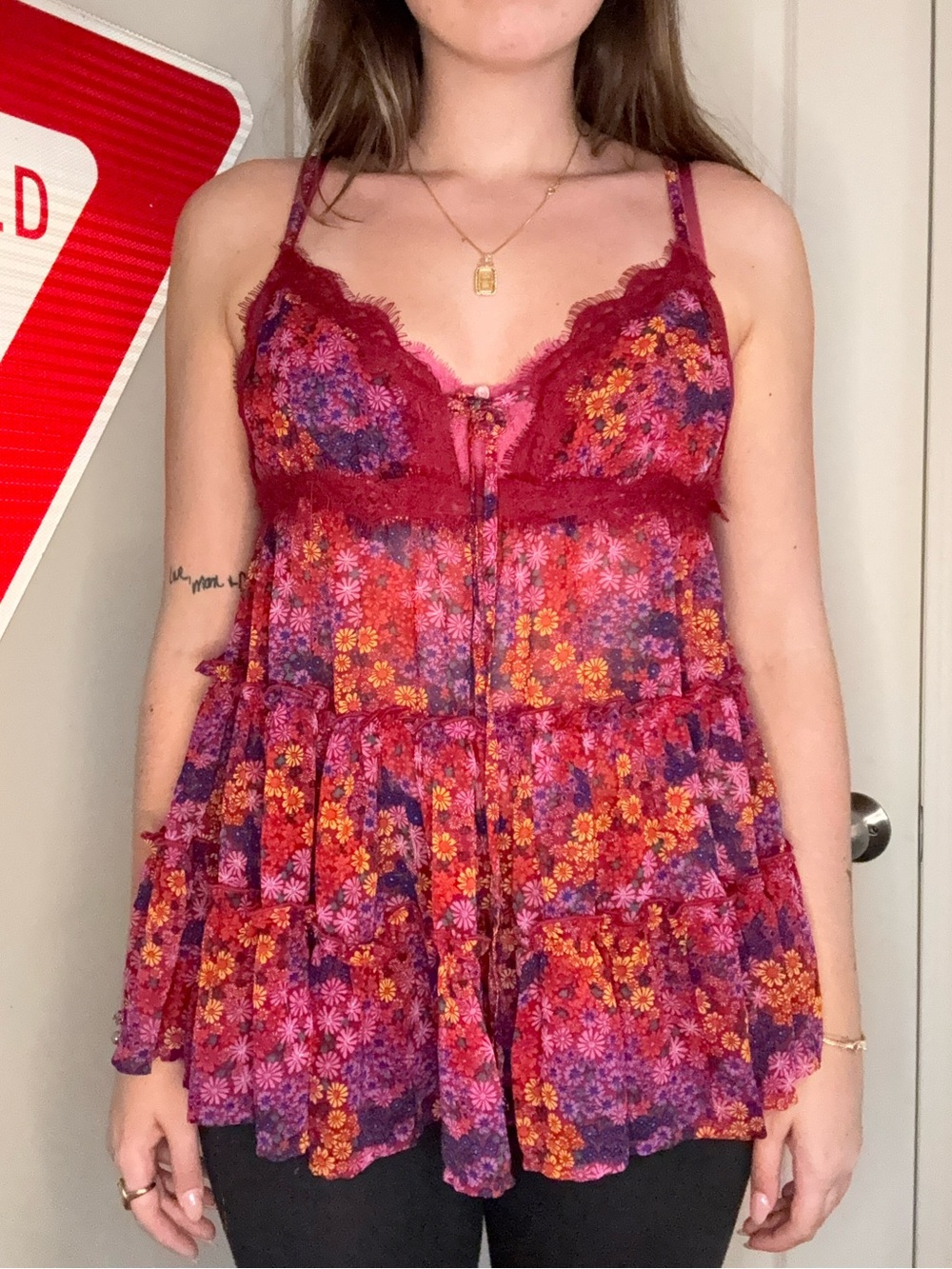 Free People Burgundy Floral Lace-Trim Tiered Camisole